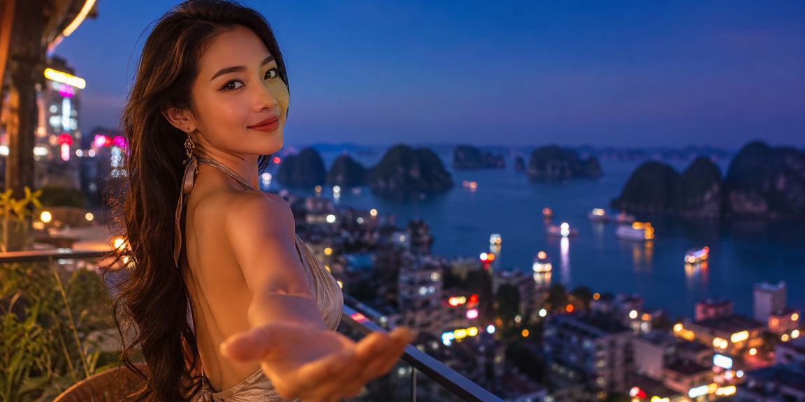 Cảnh Vịnh Hạ Long kết hợp hình ảnh người nhận thưởng VIP và ưu đãi đặc biệt tại Việt Nam