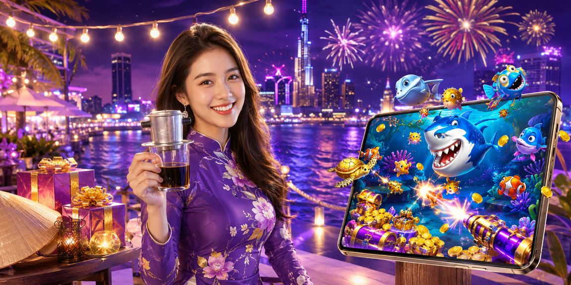 Khung cảnh quán cà phê tại TP. Hồ Chí Minh nơi người dùng thư giãn và thử game bắn cá trực tuyến trên điện thoại