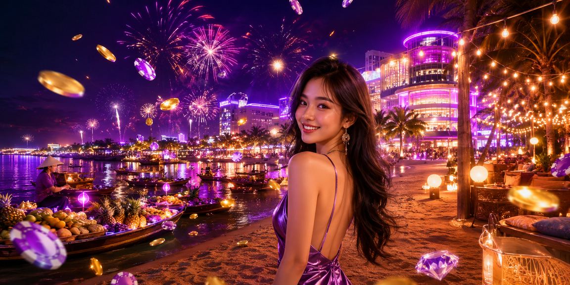 Khung cảnh đặt cược casino và thể thao tại vùng Mekong với ánh đèn neon rực rỡ ban đêm