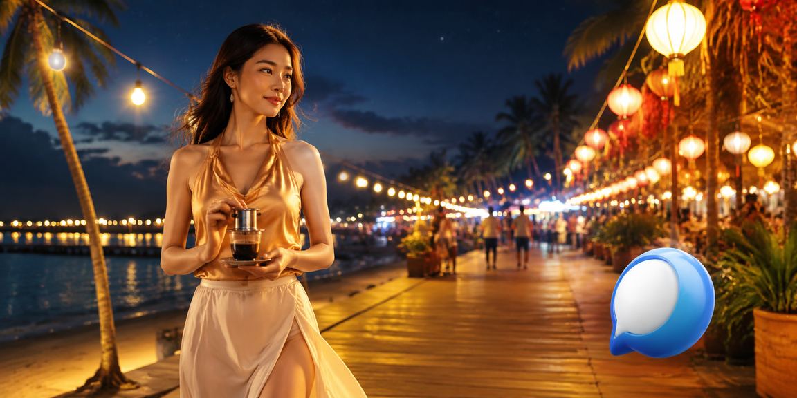 Không gian cà phê VIP tại Phú Quốc với người dùng đang xem thông tin bonus trên thiết bị