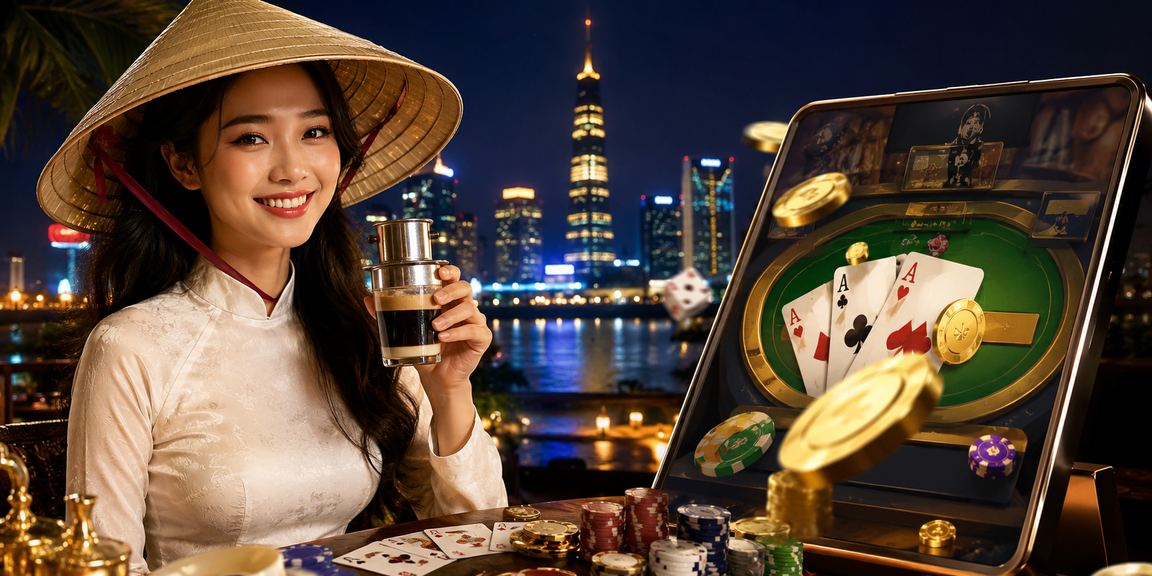 Người chơi tại Sài Gòn trải nghiệm game bài trực tuyến trong không gian đậm chất văn hóa Việt Nam với nón lá truyền thống